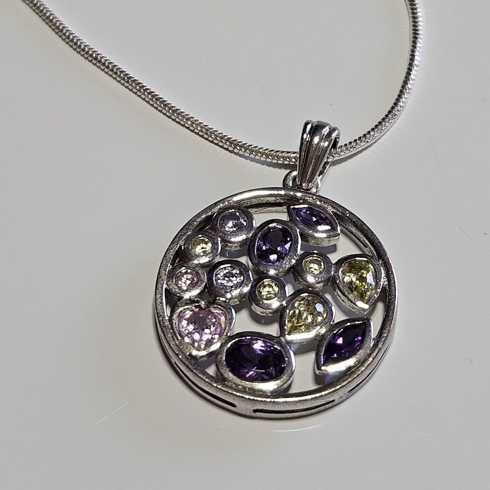 Sterling Silver Multicolored Rhinestone Round Pendant Necklace 20" Chain